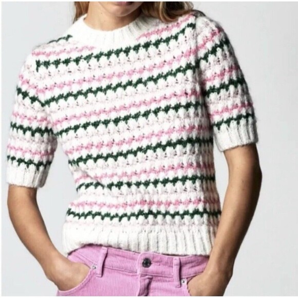 Zara Short Sleeve Sweater Womens Small Pink Green White Fuzzy - Picture 2 of 10